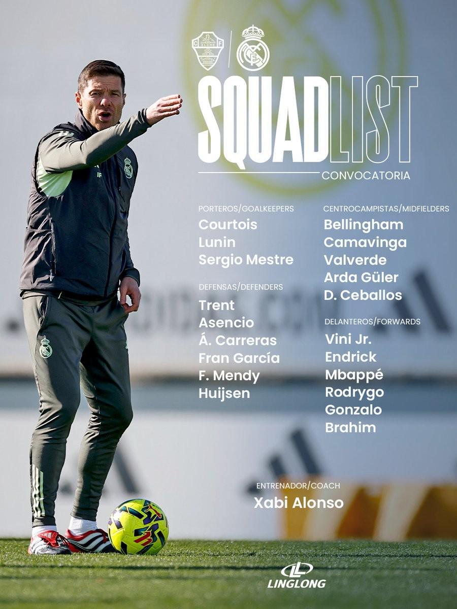 皇马战埃尔切大名单：姆巴佩领衔，米利唐、阿拉巴缺席